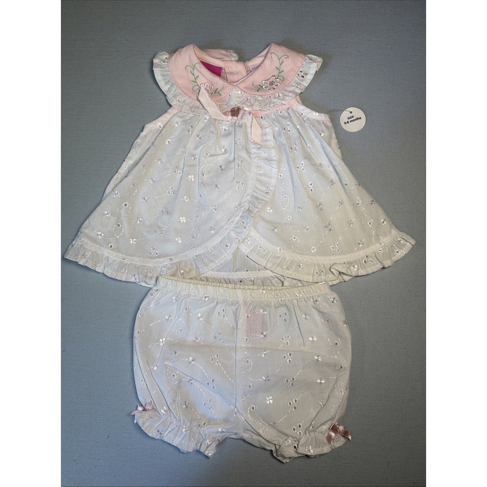 Vintage Baby Girl 2pc Outfit Dress & Bloomers White Pink Eyelet Flowers 0/6m 3m